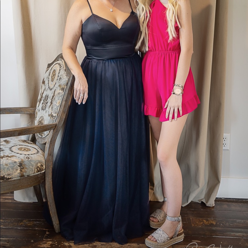 Mori Lee Navy Blue Satin & Tulle Dress Style 153